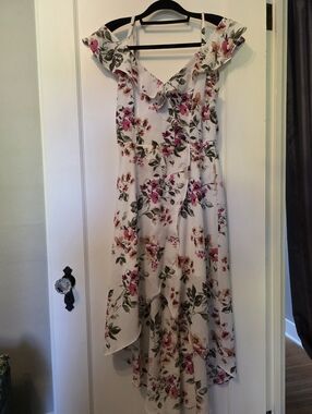 Floral High-Low Cold Shoulder Wedding Guest Dress Ivory Blue M NWOT